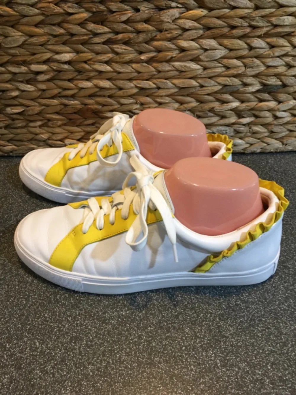 Talbots White and Yellow Leather Ruffle-Back Sneakers